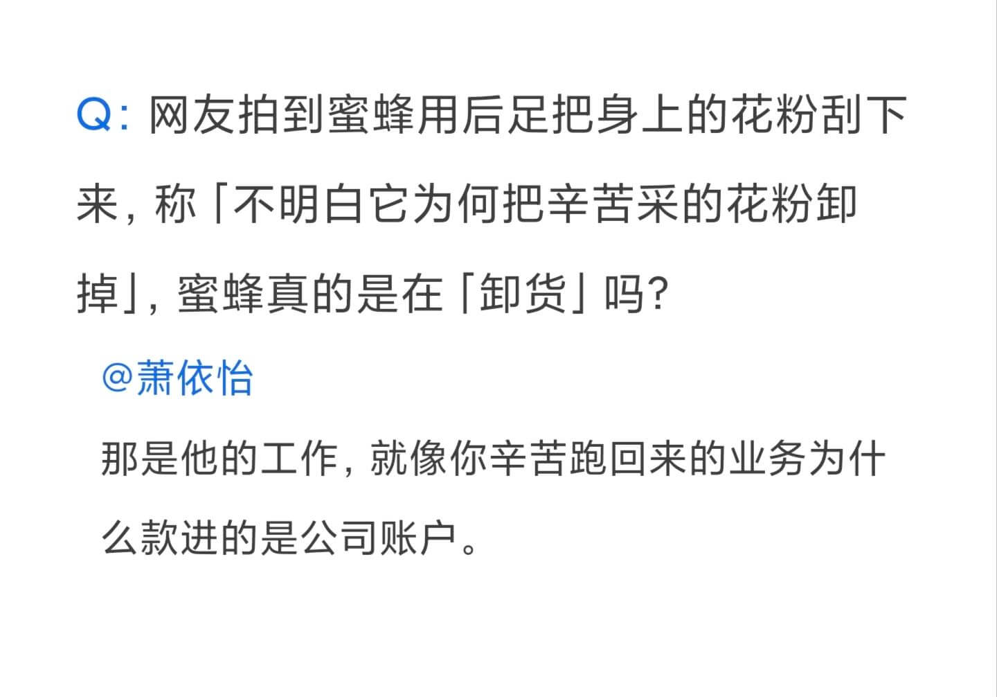 Q：网友拍到蜜蜂用后足把身上的花粉刮下来，称「不明白它为何把