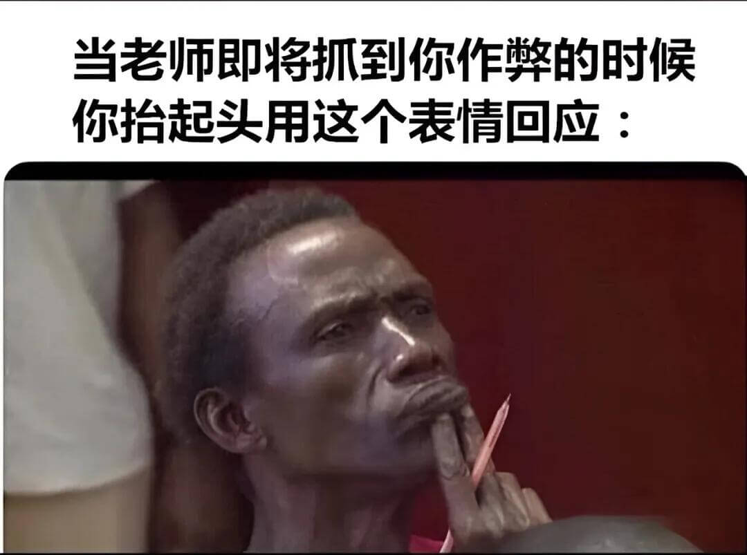 当老师即将抓到你作弊的时候，你抬起头用这个表情回应：