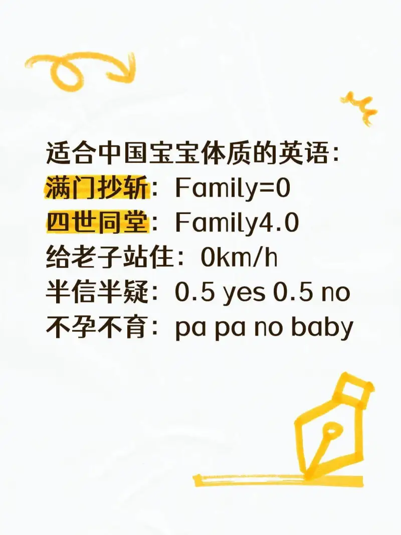 适合中国宝宝体质的英语：满门抄斩：Family=O四世同堂：