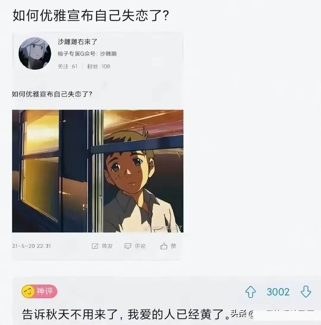 如何优雅宣布自己失恋了？沙雕雕右来了柚子专属G众号：沙翻雕关