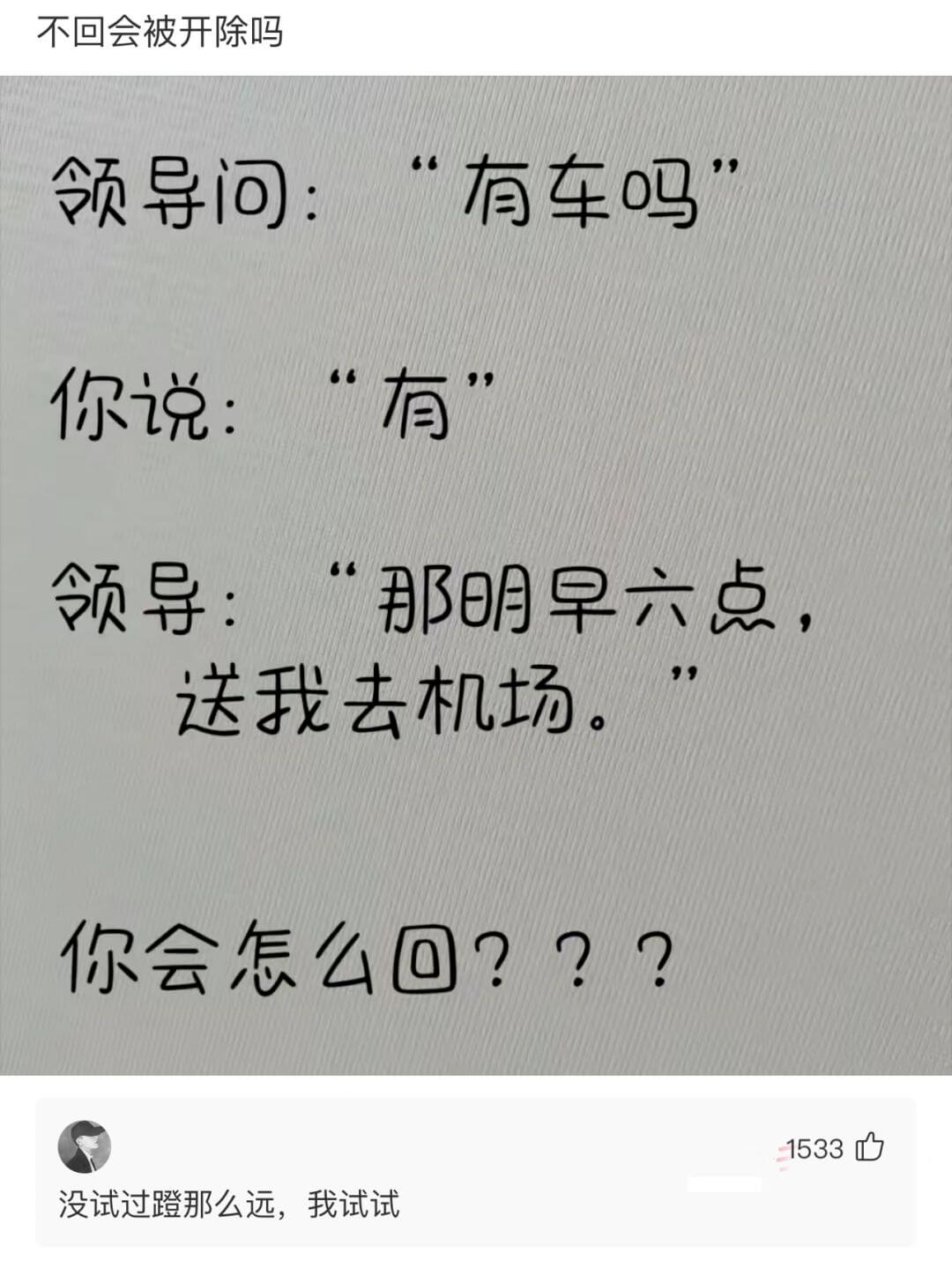不回会被开除吗领导问：“有车吗你说：“有领导：“那明早六点，