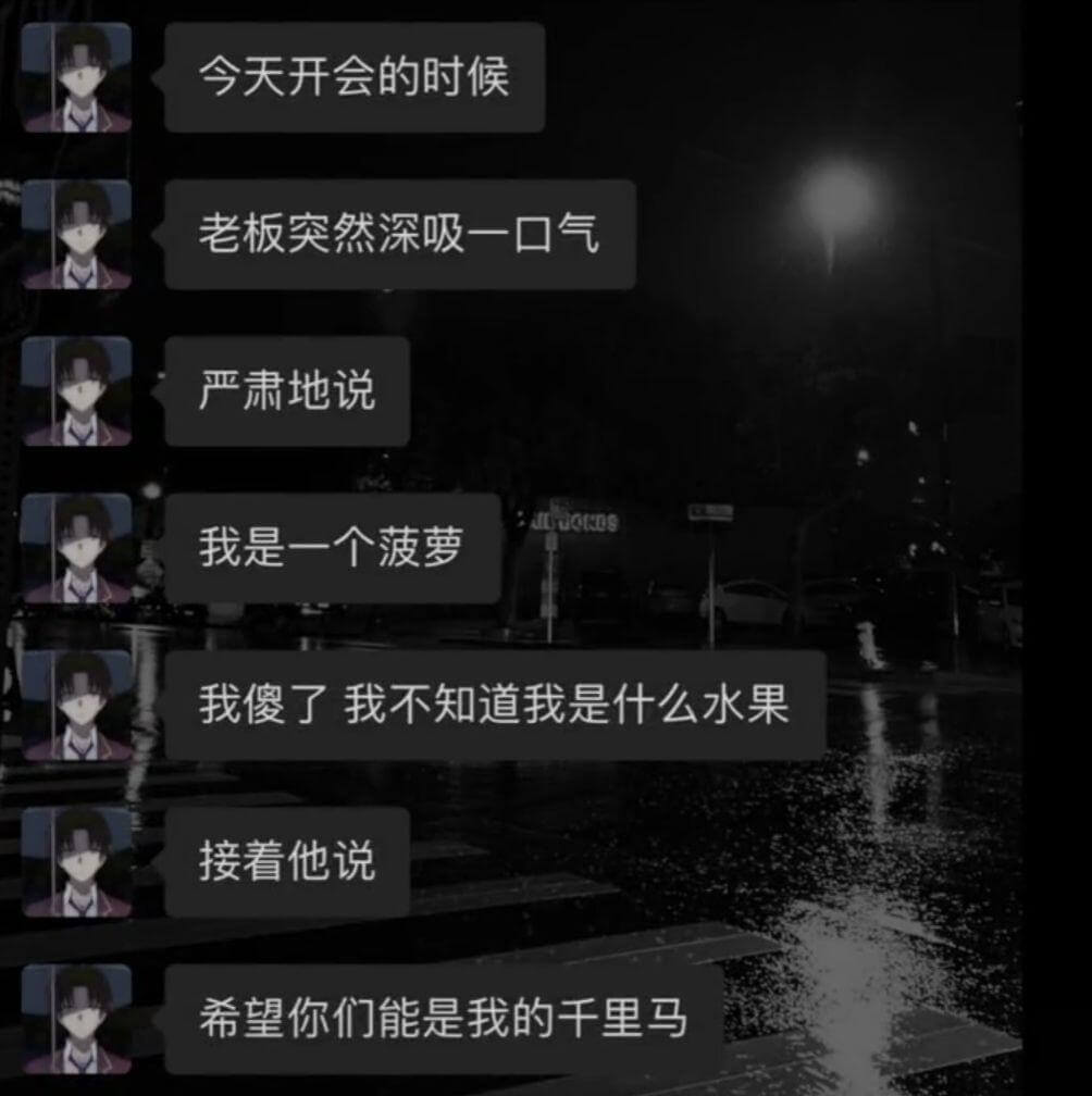 今天开会的时候，老板突然深吸一口气，严肃地说：“我是一个菠萝