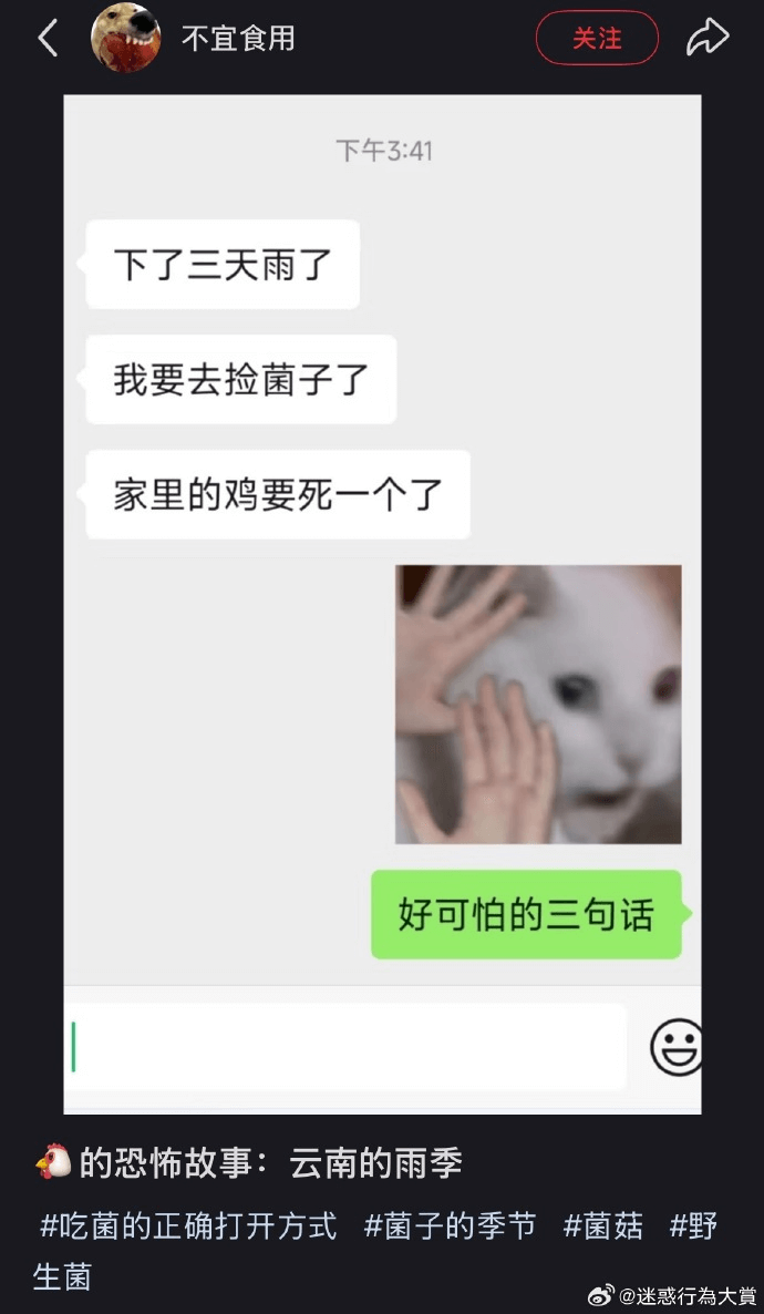 不宜食用关注下午3：41下了三天雨了我要去捡菌子了家里的鸡要