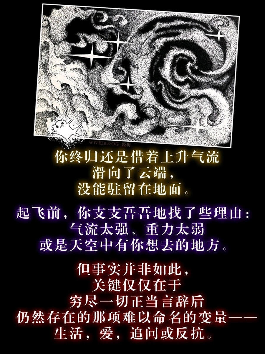 你终归还是借着上升气流滑向了云端，没能驻留在地面。起飞前，你
