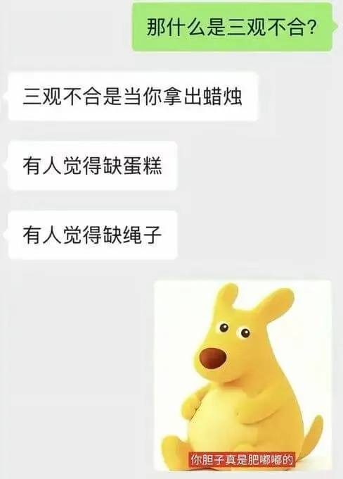 那什么是三观不合？三观不合是当你拿出蜡烛，有人觉得缺蛋糕，有