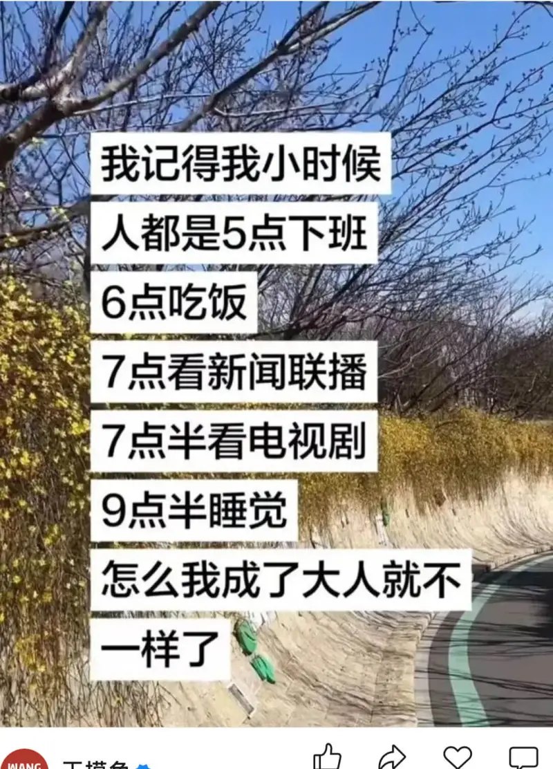 我记得我小时候，人都是5点下班，6点吃饭，7点看新闻联播，7