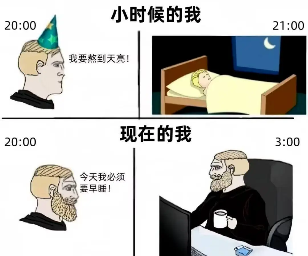 小时候的我20:0021:00我要熬到天亮！现在的我3:00