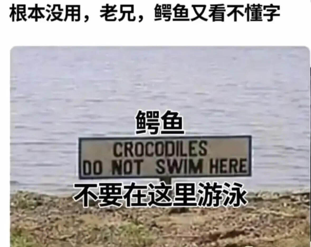 根本没用，老兄，鳄鱼又看不懂字鳄鱼CROCODILESDON
