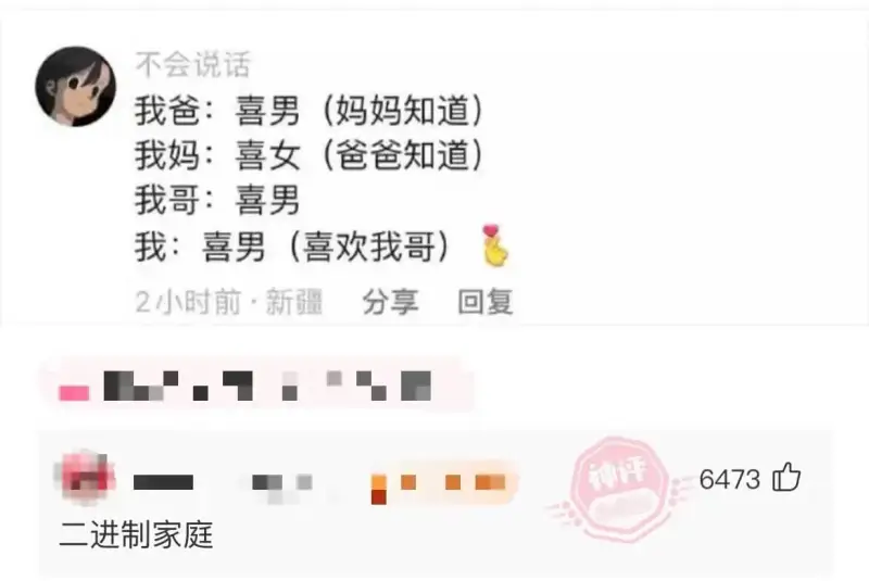不会说话我爸：喜男（妈妈知道）我妈：喜女（爸爸知道）我哥：喜