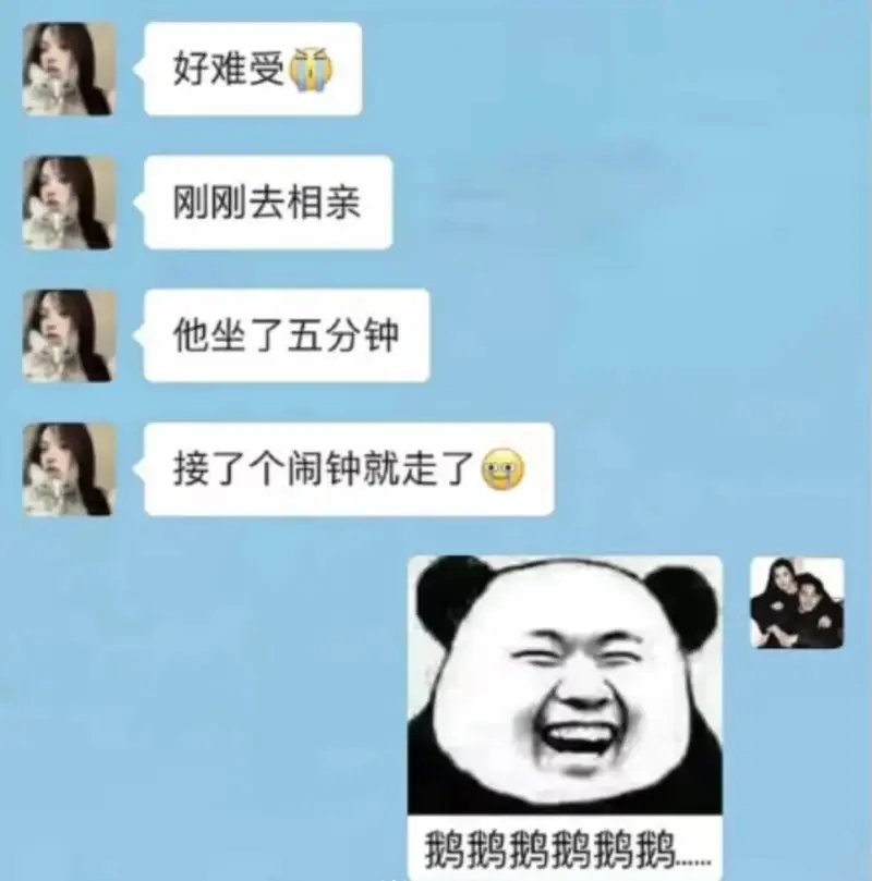 好难受刚刚去相亲他坐了五分钟，接了个闹钟就走了鹅鹅鹅鹅鹅鹅鹅