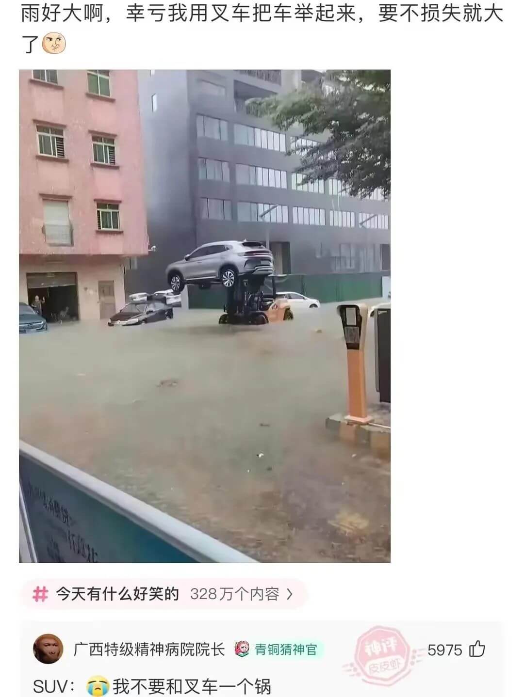 雨好大啊，幸亏我用叉车把车举起来，要不损失就大今天有什么好笑