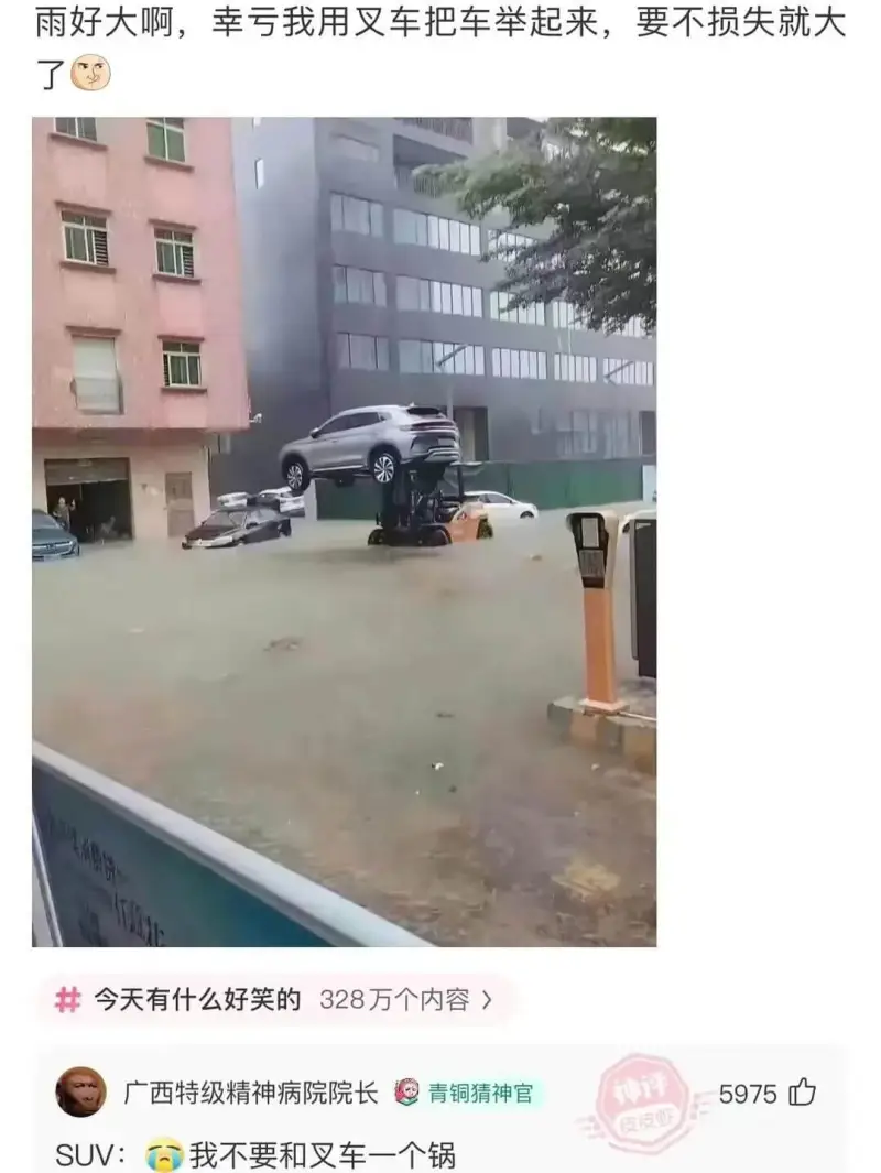 雨好大啊，幸亏我用叉车把车举起来，要不损失就大今天有什么好笑