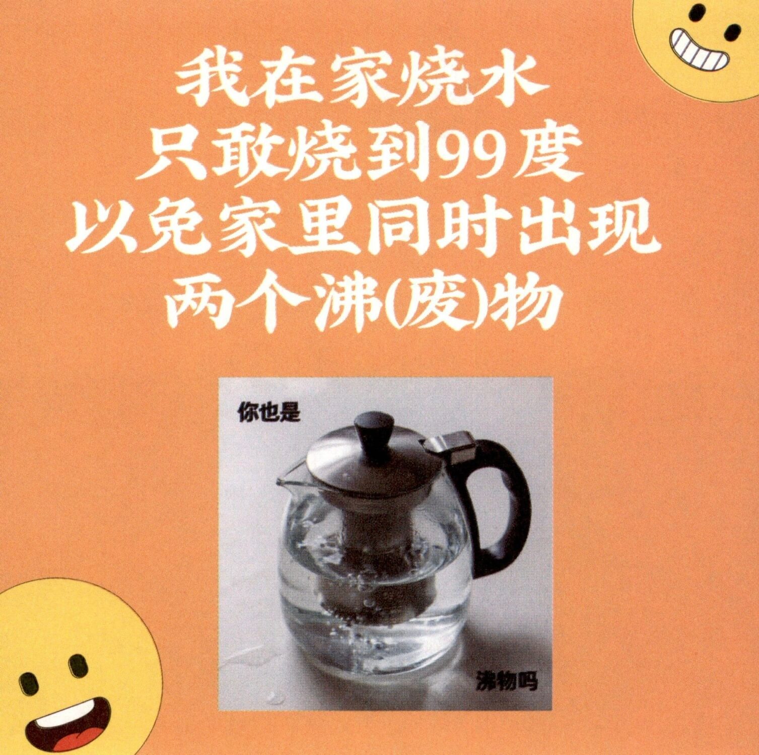 我在家烧水，只敢烧到99度，以免家里同时出现两个沸（废）物。