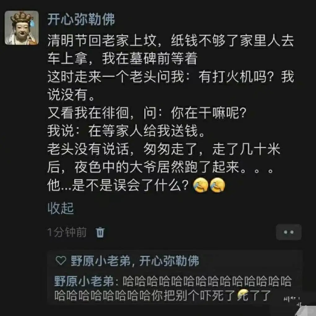 开心弥勒佛清明节回老家上坟，纸钱不够了，家里人去车上拿，我在