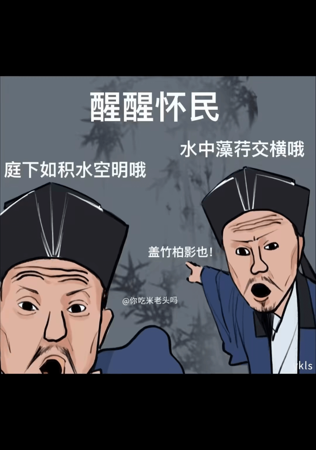 醒醒怀民水中藻荐交横哦庭下如积水空明哦盖竹柏影也！@你吃米老