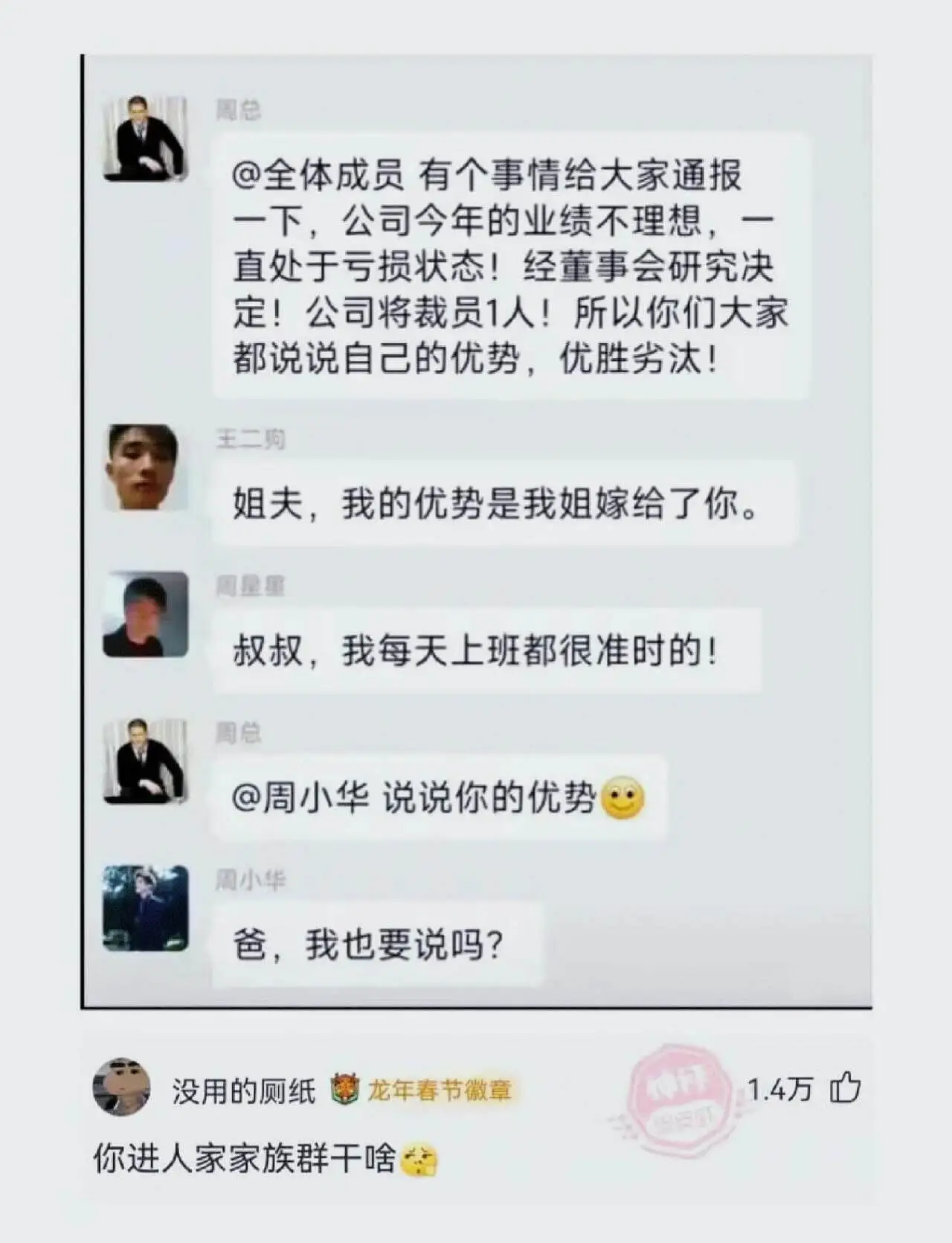 周总@全体成员有个事情给大家通报一下,公司今年的业绩不理想,