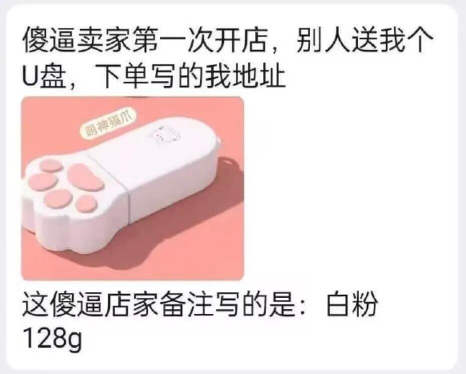 傻逼卖家第一次开店，别人送我个U盘，下单写的我的地址。这傻逼