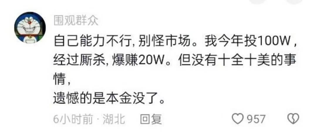 自己能力不行，别怪市场。我今年投100W，经过厮杀，爆赚20