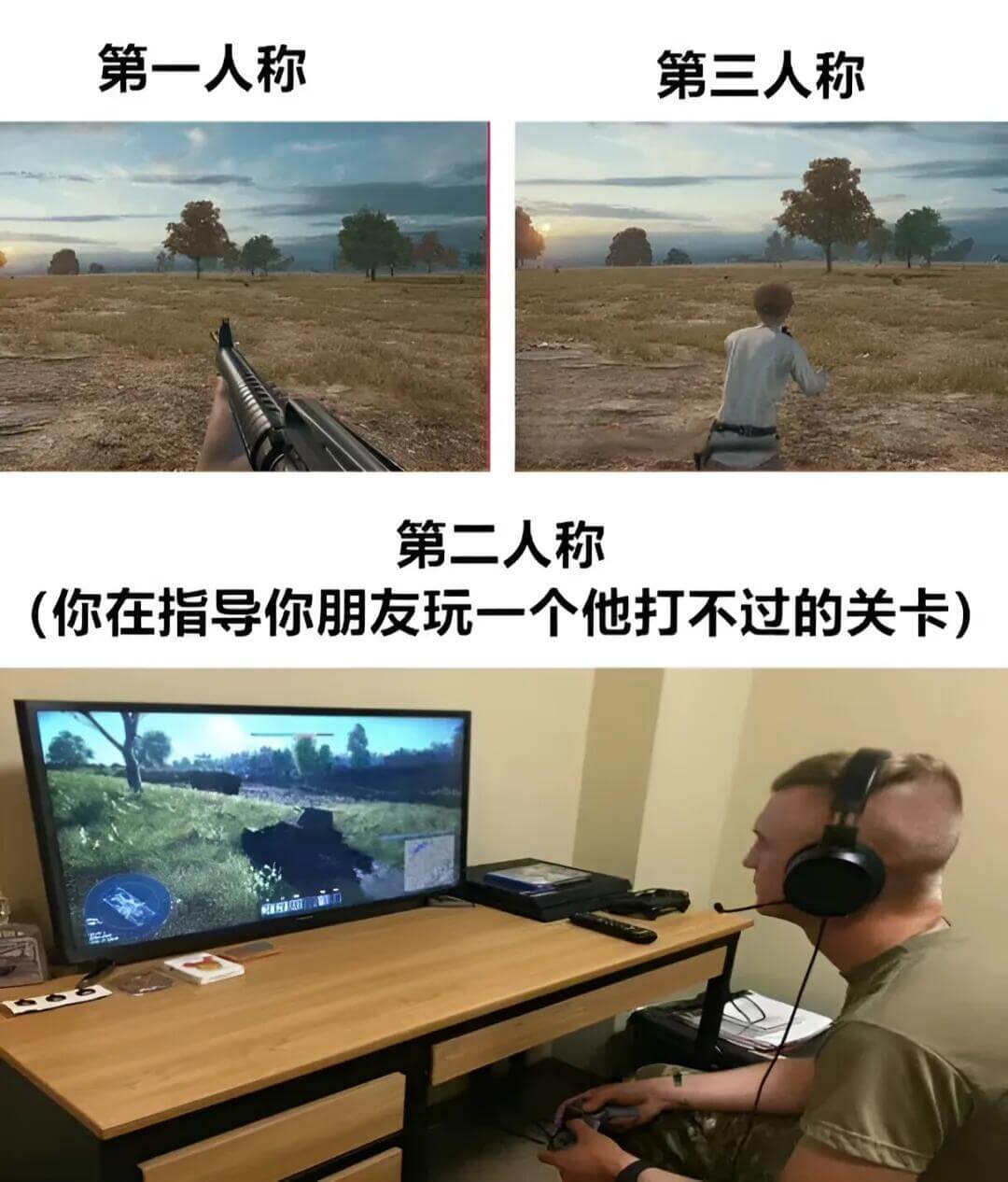第一人称、第三人称、第二人称（你在指导你朋友玩一个他打不过的