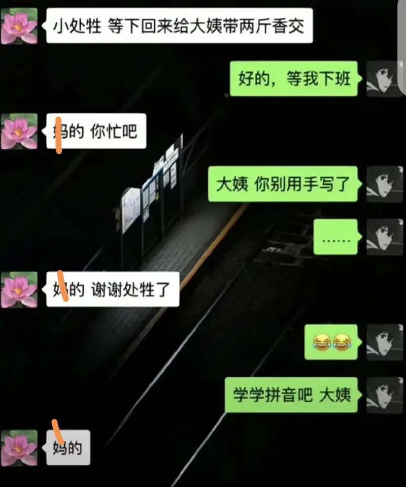 妈的你忙吧妈的谢谢处牲了好的，等我下班大姨你别用手写了学学拼