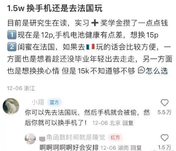 1.5w换手机还是去法国玩目前是研究生在读，实习+奖学金攒了