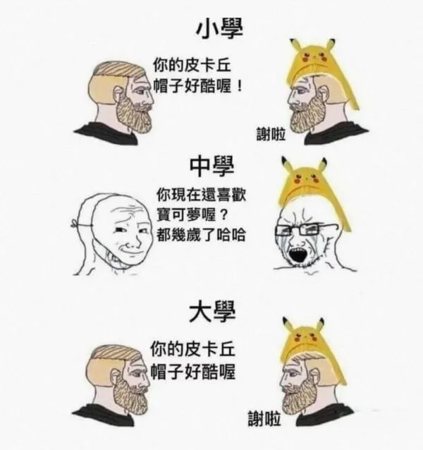 小學你的皮卡丘帽子好酷喔！谢啦中學你現在遗喜歡寶可夢喔？都了