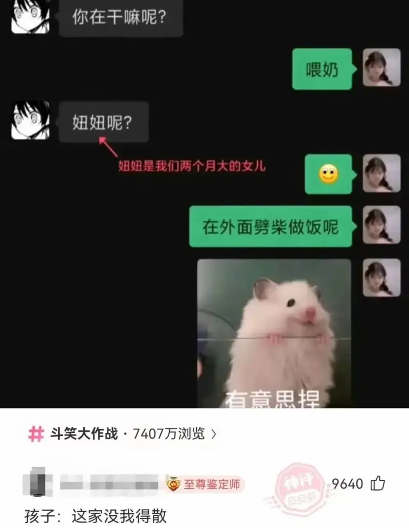 你在干嘛呢？喂奶妞妞呢？妞妞是我们两个月大的女儿在外面劈柴做