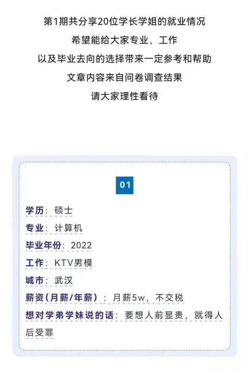 第1期共分享20位学长学姐的就业情况，希望能给大家在专业、工