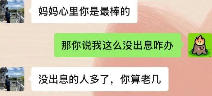 妈妈心里你是最棒的。那你说，我这么没出息，咋办？没出息的人多