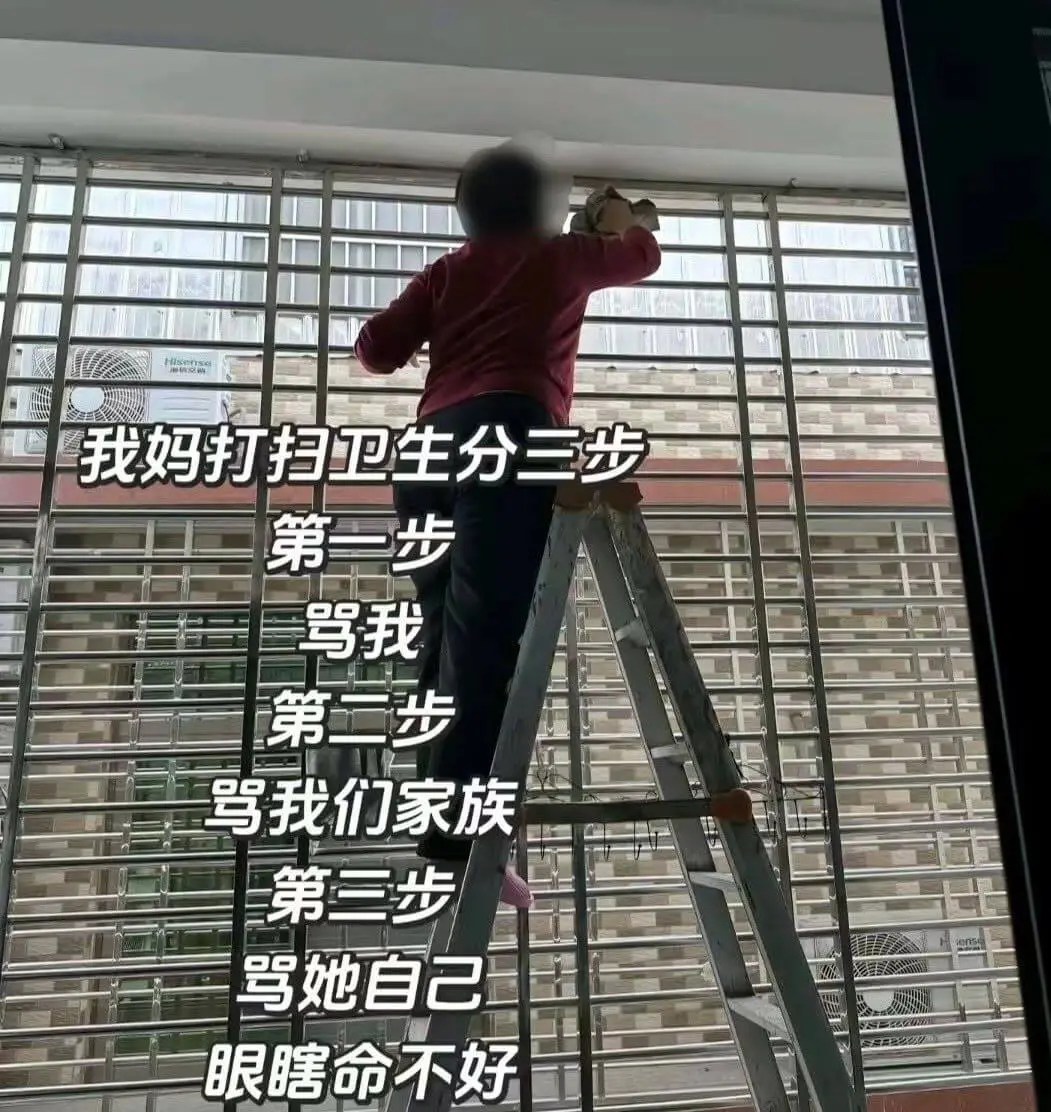 我妈打扫卫生分三步：第一步，骂我；第二步，骂我们家族；第三步