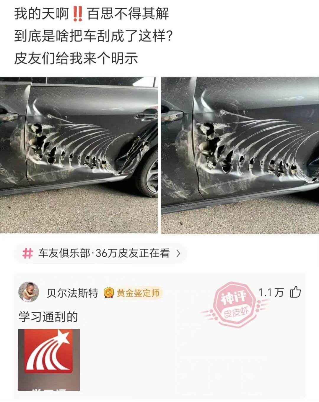 我的天啊百思不得其解到底是啥把车刮成了这样?皮友们给我来个明