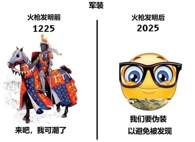 军装火枪发明前，火枪发明后。1225—2025我们要伪装，来