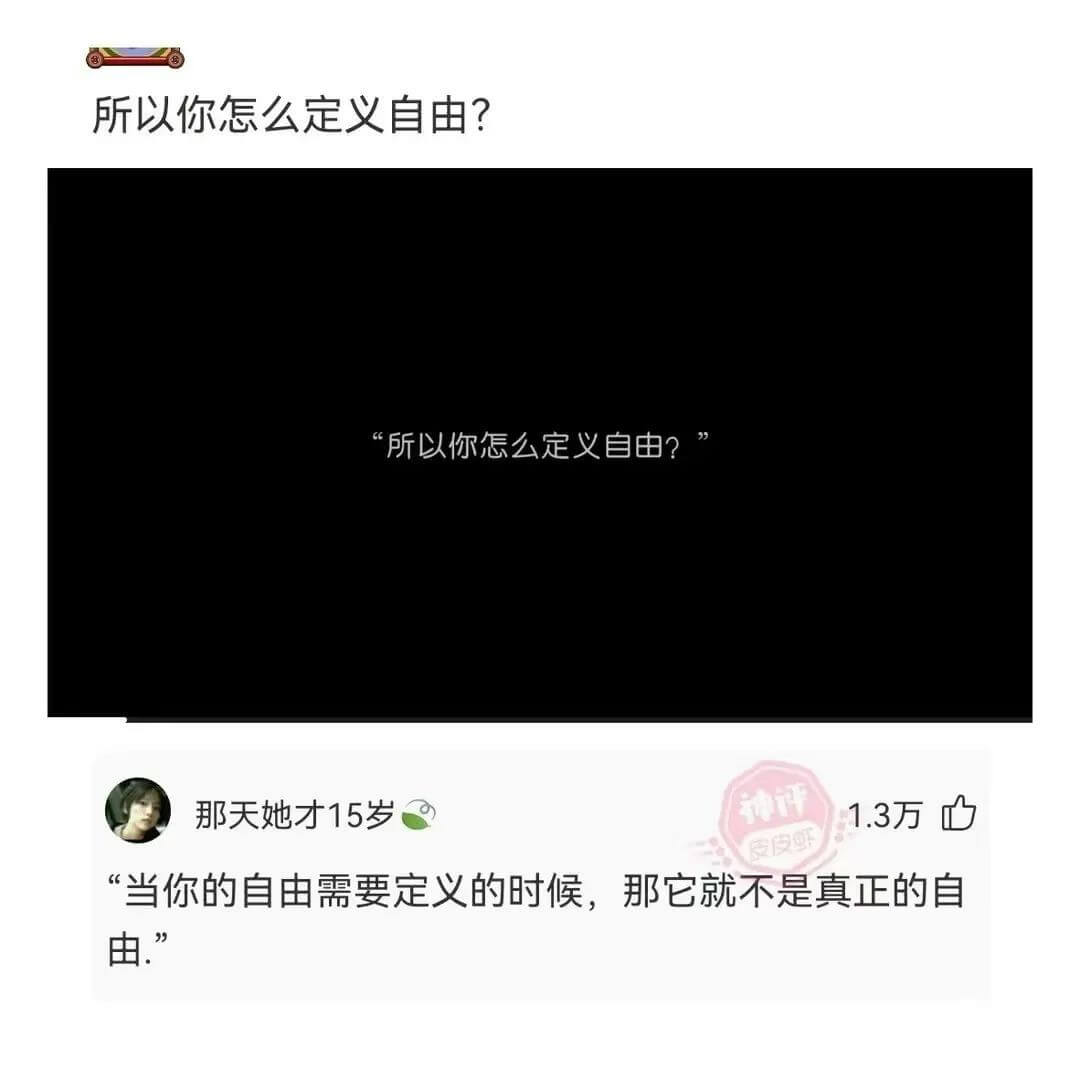 所以你怎么定义自由？“所以你怎么公定义自由？神评那天她才15