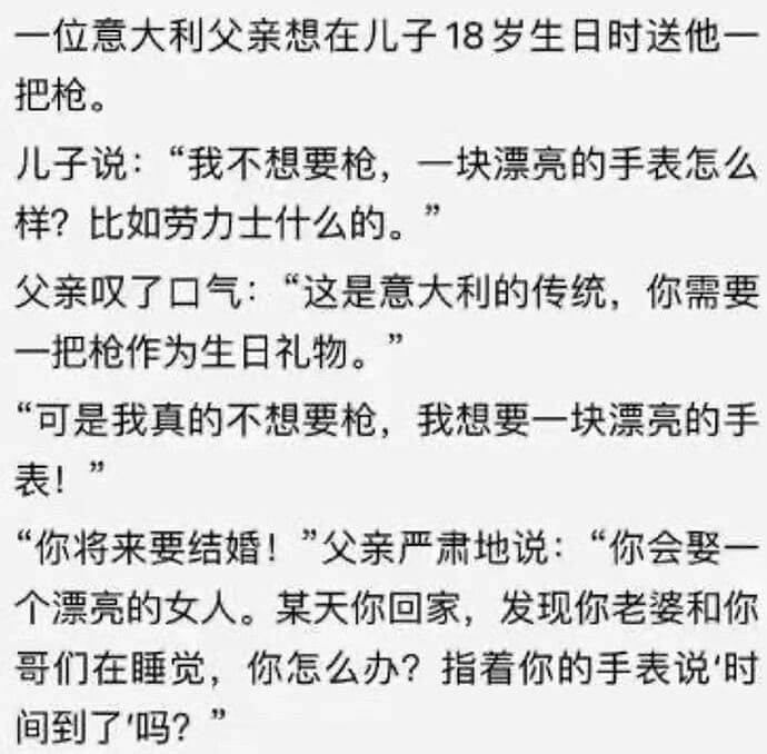 一位意大利父亲想在儿子18岁生日时送他一把枪。儿子说：“我不