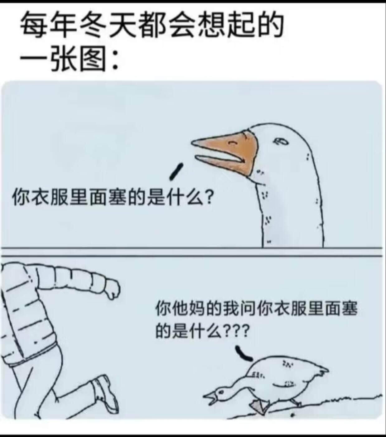 每年冬天都会想起的一张图：你衣服里面塞的是什么？你他妈的，我