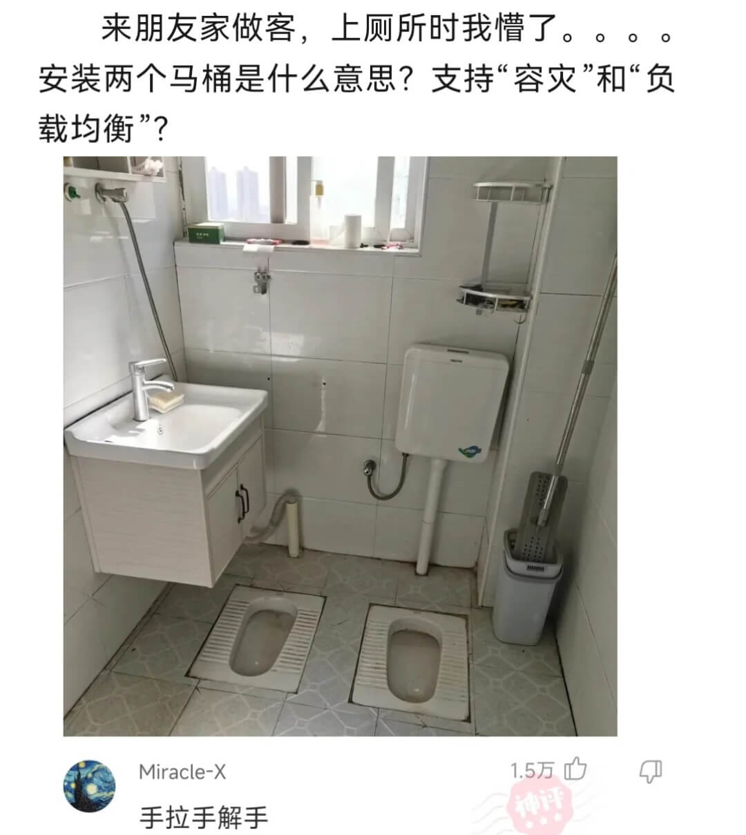 来朋友家做客，上厕所时我槽了。。安装两个马桶是什么意思？支持