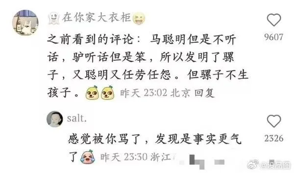 在你家大衣柜里，之前看到的评论：马聪明但是不听话，驴听话但是