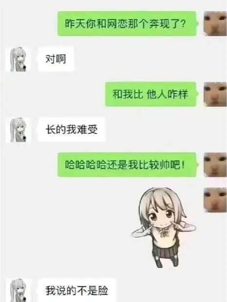 昨天你和网恋那个奔现了？对啊。和我比他人咋样？长得我难受。哈