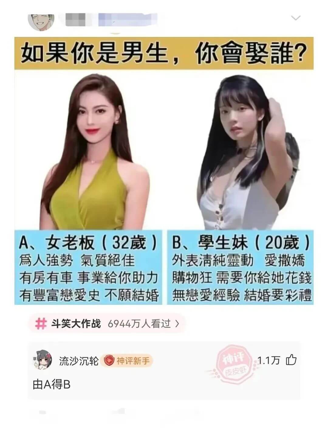 如果你是男生，你會娶誰?A、女老板(32歲)爲人強勢氣質絕佳