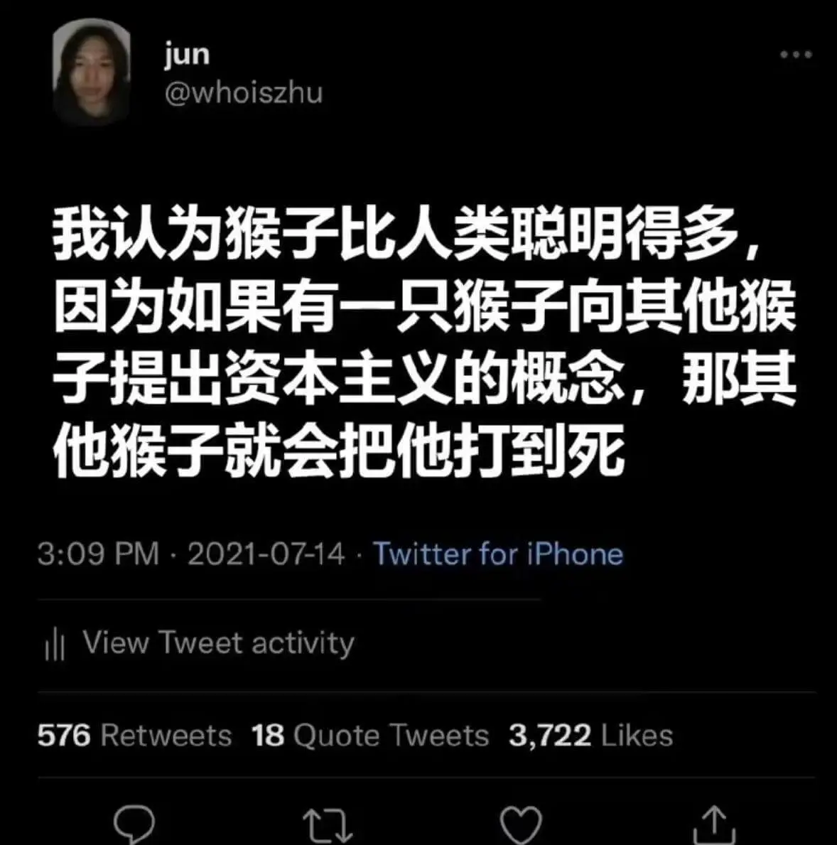 @whoiszhu我认为猴子比人类聪明得多,因为如果有一只猴