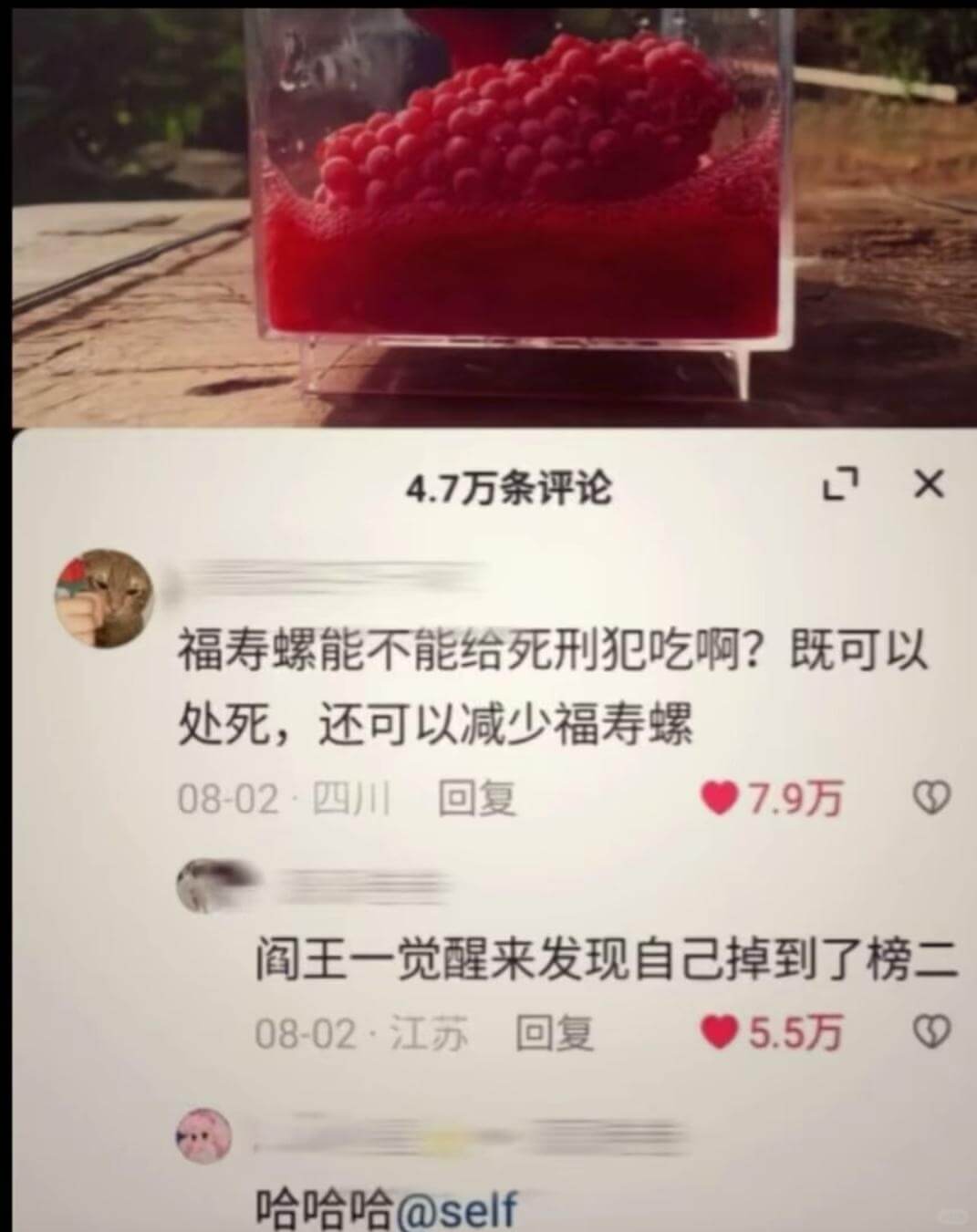 4.7万条评论LX福寿螺能不能给死刑犯吃啊？既可以处死，还可