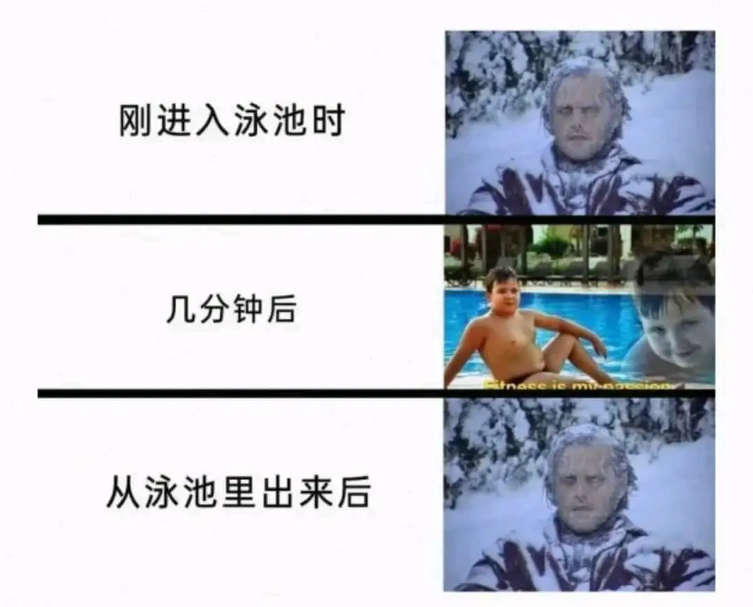 刚进入泳池时几分钟后，从泳池里出来后。