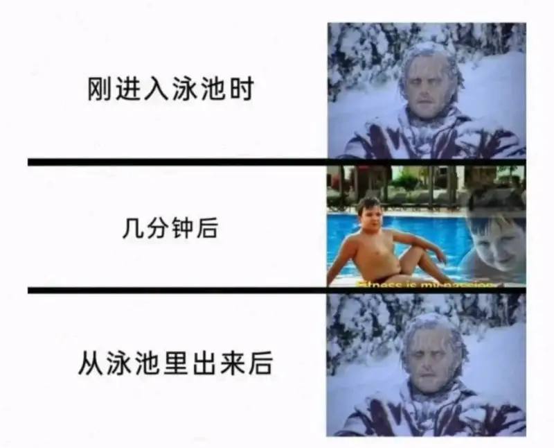 刚进入泳池时几分钟后，从泳池里出来后。