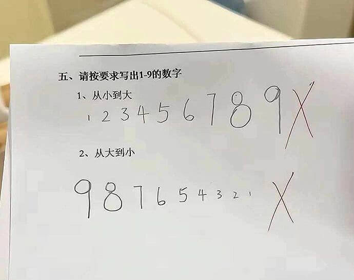五、请按要求写出1-9的数字1、从小到大2、从大到小9876