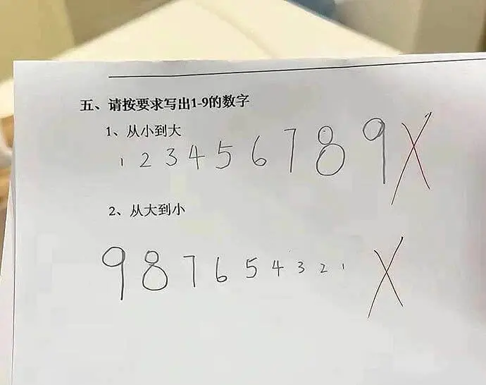 五、请按要求写出1-9的数字1、从小到大2、从大到小9876