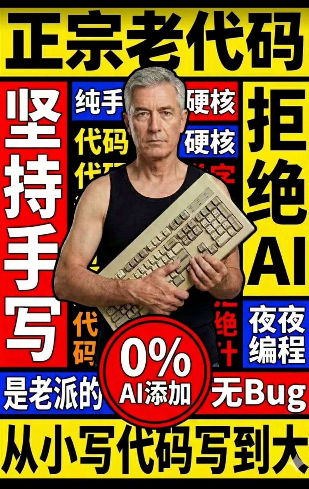 正宗老代码坚持手写拒绝纯手硬核代码硬核代Al夜夜代码绝0%编