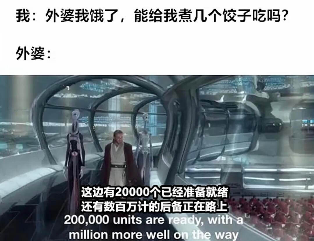 我：外婆我饿了，能给我煮几个饺子吃吗？外婆：这边有20000