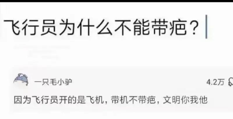 飞行员为什么不能带疤?因为飞行员开的是飞机，带机不带疤，文明