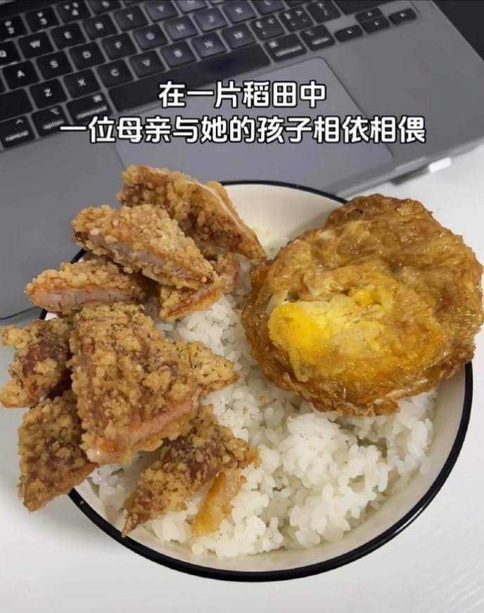 在一片稻田中，一位母亲与她的孩子相依相偎。