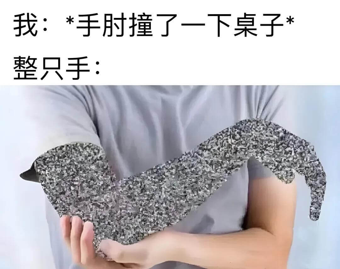 我：手肘撞了一下桌子，整只手：